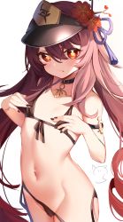 Rule 34 | 1girl, absurdres, armlet, bikini, black bikini, black nails, choker, closed mouth, cowboy shot, flat chest, flower, flower-shaped pupils, front-tie bikini top, front-tie top, frown, genshin impact, hair between eyes, hair flower, hair ornament, hands on own chest, highres, hu tao (genshin impact), long hair, looking at viewer, nahaki, nail polish, navel, pink hair, red eyes, shaded face, side-tie bikini bottom, sidelocks, simple background, smile, solo, string bikini, swimsuit, symbol-shaped pupils, twintails, untied bikini, very long hair, visor cap, white background