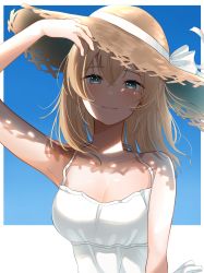 Rule 34 | 1girl, absurdres, alternate costume, blonde hair, blue background, blue eyes, blush, breasts, casual, cleavage, closed mouth, commentary, crossed bangs, dappled sunlight, dress, hand on headwear, hat, highres, hololive, kazama iroha, looking at viewer, medium breasts, medium hair, shade, sleeveless, sleeveless dress, smile, solo, spaghetti strap, straw hat, sunlight, upper body, virtual youtuber, white dress, yoshioka (today is kyou)