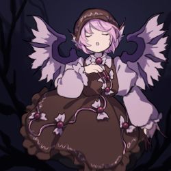 Rule 34 | 1girl, animal ears, bird wings, brown dress, brown headwear, commentary request, cowboy shot, dress, closed eyes, grey background, hand up, highres, kaigen 1025, long sleeves, music, mystia lorelei, nail polish, open mouth, pink hair, puffy sleeves, red nails, short hair, singing, touhou, very long fingernails, wings