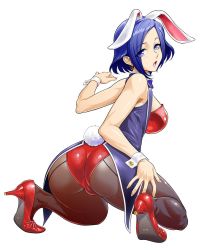 Rule 34 | 1girl, animal ears, ass, blue eyes, blue hair, blush, breasts, casino, commentary, earrings, fake animal ears, female focus, high heels, indoors, jewelry, kneeling, leotard, lilith-soft, lineart, looking at viewer, looking back, lovina (taimanin asagi battle arena), medium breasts, official art, open mouth, pantyhose, playboy bunny, rabbit ears, rabbit tail, shiny skin, short hair, simple background, solo, tail, taimanin (series), taimanin asagi kessen arena, wrist cuffs, zol