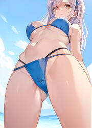 Rule 34 | 1girl, bikini, blue bikini, blue sky, blush, breasts, cameltoe, cleavage, cloud, cloudy sky, day, from below, gluteal fold, highres, horizon, large breasts, long hair, looking at viewer, looking down, navel, ocean, original, outdoors, parted lips, red eyes, rikudou inuhiko, sky, solo, standing, swimsuit, water, white hair
