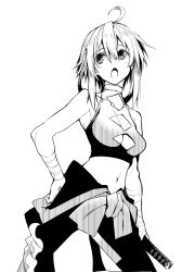 Rule 34 | 10mo, 1girl, ahoge, bandaged arm, bandages, cleavage cutout, clothing cutout, collarbone, crop top, fudou yukimitsu (tenka hyakken), hair ornament, hand on own hip, head tilt, highres, holding, holding weapon, midriff, monochrome, open mouth, short hair, sleeveless, standing, tenka hyakken, waist cape, weapon, white background