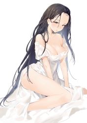 Rule 34 | 1girl, absurdres, bare shoulders, breasts, brown eyes, brown hair, dress, forehead, full body, highres, iiiroha, legs, long hair, medium breasts, mole, original, parted lips, sitting, solo, very long hair, white background, white dress