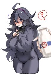 Rule 34 | 1girl, ?, @ @, ahoge, alternate breast size, black eyes, black hair, black sweater, blush, bottle, breasts, breath, creatures (company), dress, game freak, hairband, heart, heart-shaped pupils, heavy breathing, hex maniac (pokemon), highres, horn/wood, large breasts, long dress, long hair, long sleeves, looking at viewer, milk bottle, moomoo milk, nintendo, open mouth, pokemon, pokemon xy, purple dress, purple hairband, ribbed sweater, smile, solo focus, sweater, symbol-shaped pupils