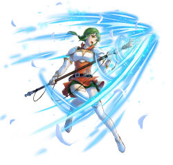 Rule 34 | 1girl, armor, boots, braid, braided ponytail, breastplate, breasts, dress, energy, feathers, female focus, fingerless gloves, fire emblem, fire emblem: the sacred stones, fire emblem heroes, gloves, green eyes, green hair, high heel boots, high heels, holding, holding polearm, holding weapon, long hair, low ponytail, matching hair/eyes, nintendo, official art, open mouth, orange dress, polearm, shorts, shorts under skirt, small breasts, solo, teeth, thigh boots, thigh shorts, uroko (mnr), v-shaped eyebrows, vanessa (fire emblem), weapon, white background, white footwear, white gloves
