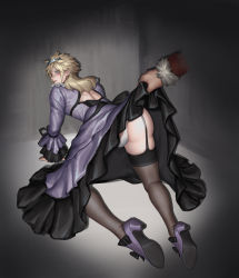 Rule 34 | 2boys, absurdres, all fours, ass, black dress, black legwear, blue eyes, clothes lift, cloud strife, cloud strife (ball gown), commentary request, crossdressing, don corneo, dress, dress lift, final fantasy, final fantasy vii, final fantasy vii remake, frilled dress, frills, from behind, garter straps, high heels, highres, huge filesize, legs, long hair, looking back, multicolored clothes, multicolored dress, multiple boys, out of frame, panties, pantyshot, parted lips, purple dress, purple footwear, shadow, shoe soles, sidelocks, skindentation, skyfiss, thighhighs, tiara, trap, underwear, wall market, wide sleeves