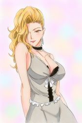 Rule 34 | ballroom e youkoso, blonde hair, breasts, choker, cleavage, earrings, hair over one eye, highres, hyoudou marisa, jewelry, large breasts, looking at viewer, millipen (medium), mole, mole under mouth, potekite, smile, standing, traditional media, yellow eyes