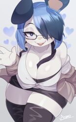 Rule 34 | 1girl, :3, absurdres, animal ears, animal nose, artist name, black-framed eyewear, black bra, black necktie, black skirt, black thighhighs, blue eyes, blue hair, blush, blush stickers, body fur, bra, breasts, bright pupils, brown jacket, buck teeth, cleavage, collarbone, commission, cowboy shot, curvy, female focus, furry, furry female, glasses, grey background, hair over one eye, half-closed eyes, hand up, happy, heart, heart background, highres, jacket, large breasts, leaning forward, light blush, looking at viewer, miniskirt, mouse ears, mouse girl, multicolored hair, necktie, off shoulder, one eye covered, open clothes, open jacket, open mouth, original, pencil skirt, ryuusui arumo, semi-rimless eyewear, shiny skin, shirt, short hair, sidelocks, signature, simple background, single bare shoulder, skeb commission, skindentation, skirt, smile, solo, standing, teeth, thick thighs, thighhighs, thighs, two-tone hair, underwear, undone necktie, waving, white fur, white pupils, white shirt, wide hips, zettai ryouiki