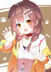 Rule 34 | 1girl, absurdres, animal collar, animal ears, blue bow, bone hair ornament, bow, braid, brown eyes, brown hair, claw pose, collar, commentary request, cotton kanzaki, dog ears, dog girl, dress, eyes visible through hair, fang, hair between eyes, hair ornament, highres, hololive, inugami korone, inugami korone (1st costume), jacket, long hair, looking at viewer, off shoulder, open mouth, red bow, red collar, short dress, smile, solo, twin braids, upper body, virtual youtuber, white dress, yellow jacket