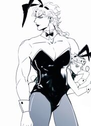 Rule 34 | ..., 2boys, animal ears, bow, bowtie, carrying, carrying person, carrying under arm, collarbone, commentary request, crossdressing, detached collar, dio brando, father and son, giorno giovanna, height difference, jojo no kimyou na bouken, leotard, lipstick, long hair, makeup, male focus, male playboy bunny, monochrome, multiple boys, muscular, muscular male, pantyhose, pectorals, rabbit ears, rabbit tail, scar, scar on neck, shenshan laolin, size difference, smile, strapless, strapless leotard, tail, vento aureo, wrist cuffs