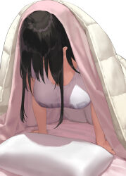 Rule 34 | 1girl, arm support, black hair, breasts, cleavage, clothes writing, commentary request, kaisen chuui, large breasts, long hair, looking down, original, pillow, shirt, short sleeves, simple background, solo, under covers, white background, white shirt