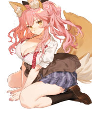 Rule 34 | 10s, 1girl, absurdres, animal ear fluff, animal ears, black socks, blush, bowtie, bra, breasts, cardigan, cardigan around waist, cleavage, clothes around waist, collarbone, fate/extella, fate/extra, fate (series), fox ears, fox tail, heart, highres, horikwawataru, kneehighs, large breasts, loafers, long hair, looking at viewer, neck ribbon, official alternate costume, pink bra, pink hair, plaid, plaid skirt, ribbon, school uniform, shoes, sidelocks, simple background, sitting, skirt, socks, solo, tail, tamamo (fate), tamamo no mae (fate/extra), tamamo no mae (jk) (fate), twintails, underwear, undone bowtie, undone neck ribbon, v arms, wariza, white background, yellow eyes