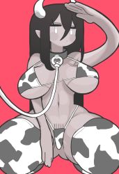 Rule 34 | 1girl, animal print, arm up, bikini, black hair, breasts, breasts apart, cow horns, cow print, expressionless, gashi-gashi, hair between eyes, highres, horns, large breasts, leash, long hair, looking at viewer, navel, original, print bikini, print thighhighs, red background, simple background, solo, swimsuit, thighhighs, viewer holding leash, white eyes, white horns
