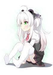 Rule 34 | 1girl, :t, ahoge, animal ears, between legs, black ribbon, black shirt, black skirt, blush, closed mouth, collared shirt, commentary, full body, green eyes, hair between eyes, hair ribbon, hand between legs, highres, ikazu401, juliet sleeves, long hair, long sleeves, looking away, necktie, no shoes, one side up, original, panda ears, pink necktie, pleated skirt, pout, puffy sleeves, ribbon, shirt, short necktie, sitting, skirt, sleeveless, sleeveless shirt, soles, solo, thighhighs, very long hair, white hair, white shirt, white thighhighs