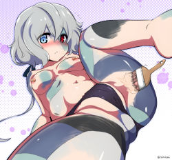 Rule 34 | 1girl, :&lt;, ass, bandaid, bandaids on nipples, black panties, blue eyes, blush, bodypaint, breasts, hair between eyes, heterochromia, isemagu, konno junko, looking at viewer, navel, paintbrush, painted clothes, panties, partial bodypaint, pasties, patchwork skin, red eyes, silver hair, small breasts, solo, spread legs, stitched face, stitched leg, stitches, thong, twitter username, underwear, zombie, zombie land saga
