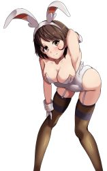 Rule 34 | 1girl, animal ears, armpits, arms up, bare shoulders, blush, breasts, brown eyes, brown hair, brown thighhighs, cleavage, closed mouth, collarbone, creatures (company), fake animal ears, game freak, garter straps, gloria (pokemon), gloves, highres, leaning forward, leotard, looking at viewer, matching hair/eyes, medium breasts, nico-mo, nintendo, playboy bunny, pokemon, pokemon swsh, rabbit ears, shiny clothes, short hair, simple background, skindentation, smile, solo, thighhighs, white background, white gloves, wrist cuffs