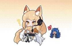 Rule 34 | !, !!, 1girl, ?, alya (panalee), animal ears, arknights, armor, blonde hair, blue hair, blush, cape, character doll, chibi, commission, doll, dress, female focus, gloves, headset, holding, holding doll, horse ears, implied extra ears, kurotofu, lipstick mark, nearl (arknights), nearl the radiant knight (arknights), o o, pauldrons, second-party source, shoulder armor, solo, surprised, white dress