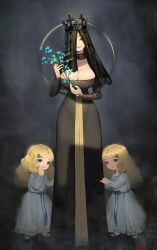 Rule 34 | 3girls, absurdres, artist name, black dress, black footwear, black hair, black nails, blonde hair, blue eyes, blue flower, breasts, child, cleavage, closed mouth, commentary request, crown, dress, flower, fog, green eyes, hair ornament, hairclip, highres, holding, holding flower, large breasts, lips, long dress, long hair, long sleeves, looking at viewer, multiple girls, nail polish, nun, original, parted lips, romana, shoes, signature, simple background, smile, socks, standing, white dress, white socks