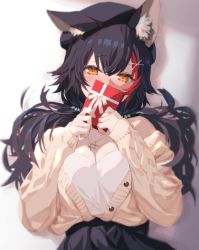 Rule 34 | 1girl, animal ears, beret, black hair, blush, box, breasts, cleavage, covering own mouth, cross, cross necklace, gift, gift box, hair ornament, hat, holding, holding box, hololive, izumi sai, jewelry, long hair, looking at viewer, medium breasts, multicolored hair, necklace, ookami mio, ookami mio (street), red hair, solo, streaked hair, sweat, valentine, virtual youtuber, wolf ears, yellow eyes