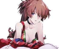 Rule 34 | 1girl, arm support, ass, bodysuit, bodysuit pull, breasts, brown hair, choker, cleavage, collarbone, evangelion: 3.0+1.0 thrice upon a time, highres, interface headset, looking at viewer, lying, neon genesis evangelion, on stomach, plugsuit, rebuild of evangelion, red bodysuit, small breasts, solo, souryuu asuka langley, white background, yagisawa teru