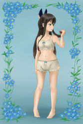 Rule 34 | 1girl, :o, bare shoulders, barefoot, black bow, bloomers, blue background, blue flower, blush, bow, breasts, brown hair, camisole, commentary request, floral background, flower, green eyes, hair bow, half updo, highres, holding, holding hair, long hair, looking to the side, navel, open mouth, sidelocks, small breasts, solo, spanglemaker, standing, stomach, tatsumi kon, toes, underwear, underwear only, urara meirochou, white bloomers