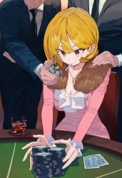 Rule 34 | 1girl, 2boys, alcohol, black necktie, black suit, blonde hair, breasts, card, casino card table, cigarette, cleavage, collarbone, dress, formal, fur scarf, gambling, highres, holding, holding cigarette, holding lighter, ice, ice cube, lighter, looking ahead, medium breasts, mouth hold, multiple boys, necktie, original, pink dress, playing card, poker chip, sekoshi (some1else45), solo focus, some1else45, suit, table, whiskey, zippo lighter