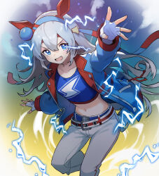 Rule 34 | 1girl, absurdres, animal ears, blue hairband, blue jacket, blue sports bra, breasts, commentary, ear covers, english commentary, feet out of frame, fingerless gloves, gloves, grey hair, grey pants, hair between eyes, hairband, highres, horse ears, horse girl, horse tail, jacket, lightning, lightning bolt symbol, long hair, long sleeves, midriff, multicolored clothes, multicolored jacket, navel, open clothes, open jacket, pants, red jacket, sigolbyeol, small breasts, solo, sports bra, tail, tamamo cross (umamusume), umamusume, very long hair, white gloves