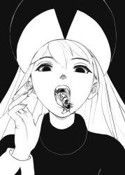 Rule 34 | 1girl, absurdres, bug, commentary, english commentary, fingernails, greyscale, hair between eyes, hat, highres, hunter x hunter, kisatsuki, long fingernails, long hair, looking at viewer, monochrome, open mouth, ponzu, portrait, sketch, solo, turtleneck, wasp