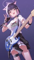 Rule 34 | 1girl, animal ears, black hair, blue archive, cat ears, colored inner hair, cowboy shot, electric guitar, extra ears, guitar, hair ornament, hairclip, halo, highres, holding, holding instrument, instrument, kazusa (blue archive), microphone, multicolored hair, noomaru (nomorepeople), official alternate costume, open mouth, pink hair, pink halo, pleated skirt, red eyes, shirt, short hair, short sleeves, skirt, smile, solo, white shirt, white skirt
