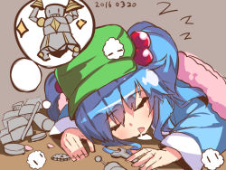 Rule 34 | 1girl, blanket, blue hair, closed eyes, dated, dreaming, drooling, green hat, hair between eyes, hair bobbles, hair ornament, hat, imagining, kasa jizou, kawashiro nitori, long sleeves, open mouth, short hair, short twintails, sleeping, solo, thought bubble, tools, touhou, twintails, two side up, zzz