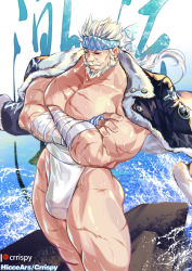 Rule 34 | 1boy, abs, absurdres, bandaged arm, bandages, bara, bare pectorals, beard, bulge, closed mouth, crossed arms, crrispy shark, facial hair, fur-trimmed jacket, fur trim, granblue fantasy, headband, highres, jacket, jacket on shoulders, large pectorals, loincloth, long hair, male focus, mature male, muscular, muscular male, mustache, nipples, official alternate costume, old, old man, paid reward available, pectorals, ponytail, scar, scar on arm, scar on chest, scar on leg, short hair, solo, soriz, splashing, standing, stomach, thick thighs, thighs, water, water drop, wet, white hair, wrinkled skin