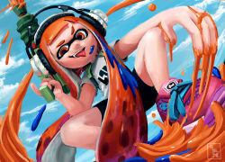 Rule 34 | 1girl, artist name, bike shorts, blunt bangs, cloud, commentary, day, english commentary, fangs, headphones, holding, holding weapon, inkling player character, long hair, mask, nintendo, open mouth, orange eyes, orange hair, paint splatter, painttool sai (medium), pointy ears, print shirt, shirt, shoelaces, shoes, short sleeves, shorts, signature, sky, smile, sneakers, solo, squatting, squid, super soaker, t-shirt, tentacle hair, tongue, tongue out, ukalayla, weapon, weapon request