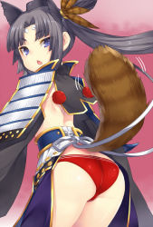 Rule 34 | 1girl, armor, ass, back, black hair, blue eyes, blush, butt crack, fate/grand order, fate (series), hat, japanese armor, kusazuri, looking at viewer, looking back, open mouth, panties, pom pom (clothes), ponytail, raccoon tail, red panties, revealing clothes, solo, tail, torimaru, underwear, ushiwakamaru (fate), ushiwakamaru (third ascension) (fate)