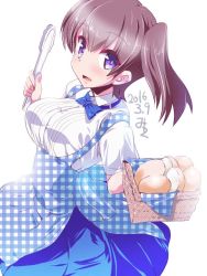 Rule 34 | 10s, 1girl, 2016, :d, alternate costume, apron, basket, blue bow, blue bowtie, blue skirt, blush, bow, bowtie, bread, breasts, brown hair, buttons, dated, eyebrows, food, gingham apron, hair between eyes, kaga (kancolle), kantai collection, kobeya, kobeya uniform, large breasts, long skirt, looking at viewer, miuku (marine sapphire), open mouth, plaid, plaid apron, purple eyes, shirt, short hair, short sleeves, skirt, smile, solo, tareme, tissue, unmoving pattern, white background, white shirt