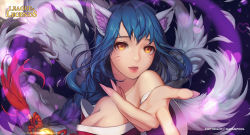 Rule 34 | 1girl, absurdres, ahri (league of legends), animal ears, artist name, bare shoulders, black hair, braid, breasts, collarbone, copyright name, detached sleeves, facial mark, fang, fingernails, fox ears, fox tail, hayanpool, heart, highres, korean clothes, large breasts, league of legends, lips, long fingernails, long hair, looking at viewer, nail polish, open mouth, pink lips, pink nails, ponytail, reaching, reaching towards viewer, sharp fingernails, single braid, solo, tail, upper body, whisker markings, yellow eyes