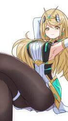 Rule 34 | 1girl, alternate costume, armor, armpits, black pantyhose, blonde hair, censored, covered navel, earrings, gem, gloves, headpiece, highres, jewelry, long hair, looking at viewer, mythra (massive melee) (xenoblade), mythra (xenoblade), nintendo, pantyhose, simple background, solo, super smash bros., swept bangs, tavn, thigh strap, tiara, white background, xenoblade chronicles (series), xenoblade chronicles 2, yellow eyes