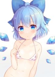Rule 34 | 1girl, :o, ahoge, animal print, bare shoulders, bikini, blue bow, blue eyes, blue hair, blush, bow, breasts, cirno, coa (chroo x), collarbone, commentary request, cow print, ice, ice wings, looking at viewer, navel, short hair, simple background, small breasts, solo, swimsuit, touhou, upper body, white background, wings