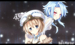 Rule 34 | 10s, 2girls, :o, aral, ass, bare shoulders, blanc (neptunia), blue eyes, blue hair, blush, breasts, brown hair, character name, dual persona, female focus, frown, fur trim, gust, hat, leotard, letterboxed, long hair, looking back, multiple girls, neptune (series), nippon ichi, open mouth, red eyes, sega, short hair, sideboob, sidelocks, small breasts, white heart (neptune)