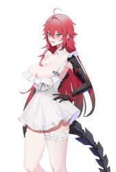 Rule 34 | 1girl, ahoge, alternate costume, blush, breasts, closed mouth, detached collar, dress, goddess of victory: nikke, guriddopitto, hand on own hip, hand on own thigh, highres, large breasts, mechanical arms, mechanical tail, nihilister (nikke), red eyes, red hair, simple background, solo, tail, white background, white dress
