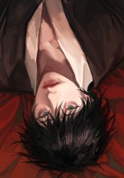 Rule 34 | 1boy, black hair, bojiu xiao, closed mouth, eyebrows, eyelashes, face, fushiguro megumi, green eyes, hair between eyes, highres, japanese clothes, jujutsu kaisen, kimono, lipstick, looking at viewer, lying, makeup, male focus, on back, realistic, red lips, short hair, smeared lipstick, solo, spiked hair, suggestive fluid, upside-down