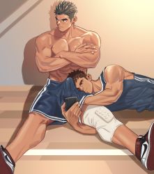 Rule 34 | 2boys, abs, air jordan, air jordan 1, averting eyes, bara, bare shoulders, blush, brown eyes, brown hair, bulge, erection, erection under clothes, hand under clothes, highres, large pectorals, male focus, multiple boys, muscular, nike (company), nipples, original, pectorals, selfie, shoes, short hair, shorts, sleeveless, smile, sportswear, thick eyebrows, topless male, upper body, yaoi, youchi123