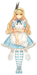 Rule 34 | 1girl, alice (alice in wonderland), alice in wonderland, ankle lace-up, apron, black ribbon, blonde hair, blue dress, blue shorts, blurry, cross-laced footwear, depth of field, dress, eyebrows, frilled apron, frilled dress, frills, full body, hairband, kawaku, lace, long hair, looking at viewer, magnifying glass, maid apron, mirror, neck ribbon, original, pantyhose, puffy short sleeves, puffy sleeves, ribbon, shoes, short sleeves, shorts, simple background, solo, standing, striped clothes, striped pantyhose, wavy hair, white apron, white background