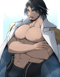 Rule 34 | 1boy, abs, bara, bare pectorals, beard, black hair, bulge, crossed arms, facial hair, full beard, highres, jacket, large pectorals, male focus, mature male, multicolored hair, muscular, muscular male, mustache, navel, nipples, open clothes, open jacket, pectorals, saund r pupu2, scar, scar on face, solo, thick eyebrows, upper body, wuthering waves, yhan (wuthering waves)