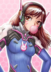 Rule 34 | 1girl, animal print, bodysuit, breasts, brown eyes, brown hair, blowing bubbles, chewing gum, d.va (overwatch), facepaint, facial mark, headphones, high collar, honeycomb (pattern), honeycomb background, long hair, looking at viewer, matching hair/eyes, maxa&#039;, medium breasts, outline, overwatch, overwatch 1, pilot suit, pink background, rabbit print, ribbed bodysuit, shoulder pads, skin tight, solo, swept bangs, upper body, whisker markings