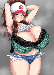 Rule 34 | 1girl, 2000mitrasi, :o, absurdres, armpit hair, armpits, arms behind head, arms up, baseball cap, black vest, blue eyes, blue shorts, blush, bra, breasts, brown hair, cleavage, clothes lift, collarbone, creatures (company), cutoffs, denim, denim shorts, eyebrows, eyelashes, female focus, floral print, game freak, grey background, hat, high ponytail, highres, hilda (pokemon), huge breasts, long hair, looking at viewer, nintendo, parted lips, pokemon, pokemon bw, ponytail, shiny skin, shirt, shirt lift, shorts, sidelocks, simple background, sleeveless, solo, standing, steaming body, sweat, thick thighs, thighs, underwear, vest, white shirt