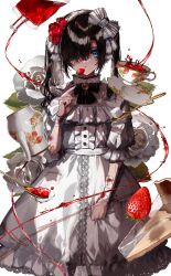 Rule 34 | 1girl, absurdres, bandaged wrist, bandages, bell, black bow, black hair, blood, blood bag, blue eyes, bow, buttons, center frills, cup, dress, flower, food, fork, frills, fruit, gauze, hair bow, hair flower, hair ornament, hair over one eye, highres, holding, holding fork, jingle bell, kuga huna, lace, lace-trimmed dress, lace trim, looking at viewer, mitsuki (fuuna), open mouth, original, red flower, red rose, rose, solo, spoon, strawberry, striped bow, teacup, teapot, twintails, white dress, white flower, white rose