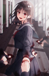 Rule 34 | 4girls, :d, blood, blue sailor collar, blue shirt, blue skirt, blush, bow, brown hair, corpse, death, hair bow, hallway, highres, holding, holding knife, indoors, knife, long sleeves, looking at viewer, looking back, medium hair, multiple girls, neckerchief, open mouth, original, pleated skirt, red eyes, red neckerchief, sailor collar, school, school uniform, serafuku, shirt, skirt, smile, solo focus, unjem, white bow