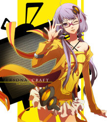 Rule 34 | 1girl, ahoge, alternate color, animal hood, bare shoulders, bespectacled, chikashige, collarbone, commentary request, cowboy shot, dress, glasses, hair ornament, headset, holding, holding removed eyewear, hood, hood down, hoodie, long sleeves, low twintails, one eye closed, persona, persona 4, purple eyes, purple hair, rabbit hood, semi-rimless eyewear, smile, solo, striped clothes, striped dress, television, text focus, twintails, under-rim eyewear, unworn eyewear, vertical-striped clothes, vertical-striped dress, vocaloid, yuzuki yukari