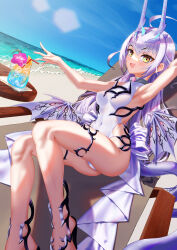 Rule 34 | 1girl, absurdres, ahoge, arm up, armpits, atenderliver, bare shoulders, beach, blue sky, breasts, cup, dragon tail, dragon wings, drinking glass, fate/grand order, fate (series), forked eyebrows, highres, horns, long hair, looking at viewer, medium breasts, melusine (fate), melusine (swimsuit ruler) (fate), melusine (swimsuit ruler) (second ascension) (fate), one-piece swimsuit, open mouth, shore, sidelocks, sky, smile, solo, swimsuit, tail, thighlet, white hair, white one-piece swimsuit, wings, yellow eyes