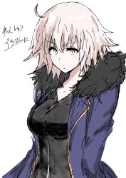 Rule 34 | absurdres, ahoge, black dress, blue jacket, breasts, cape, commentary request, dress, fate/grand order, fate (series), fur-trimmed jacket, fur collar, fur trim, gorofulu, highres, jacket, jeanne d&#039;arc (fate), jeanne d&#039;arc alter (fate), jeanne d&#039;arc alter (ver. shinjuku 1999) (fate), large breasts, official alternate costume, short hair, signature, silver hair, simple background, sketch, solo, tsurime, white background, wicked dragon witch ver. shinjuku 1999, yellow eyes